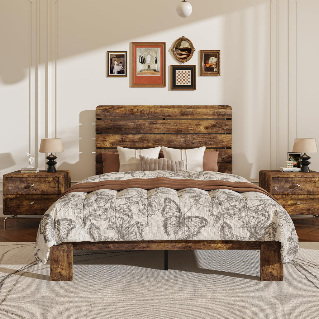 Wooden Bed Frame with Headboard, Rustic Farmhouse Platform Bedframe with Wood Slat Support, Sturdy and No