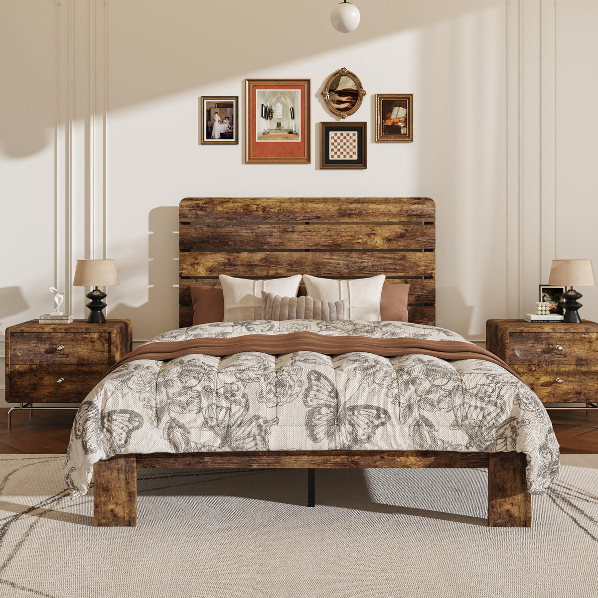 Wooden Bed Frame with Headboard, Rustic Farmhouse Platform Bedframe with Wood Slat Support, Sturdy and No