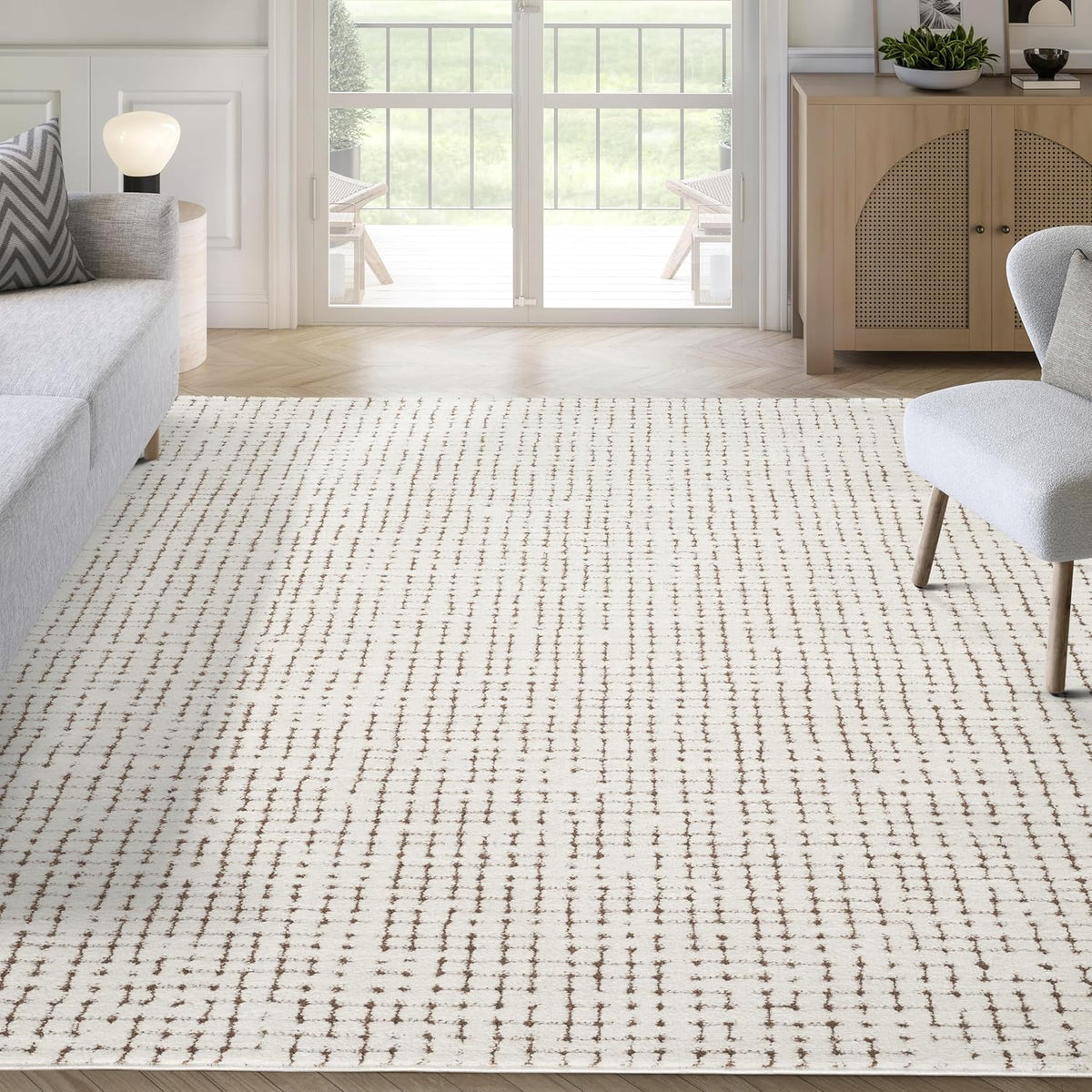 Cream & Brown Area Rug - Oliver Collection - Textured Checkered Pattern - Non-Shedding, Easy to Clean