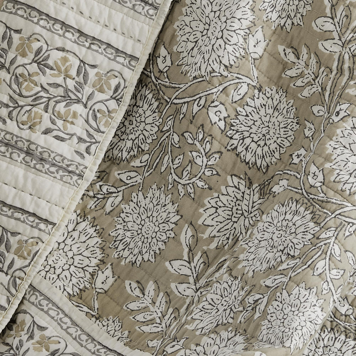 Adare Taupe - Throw - Bordered Floral - Taupe, Grey and Cream -Quilted Throw (50x60in.) - Cotton