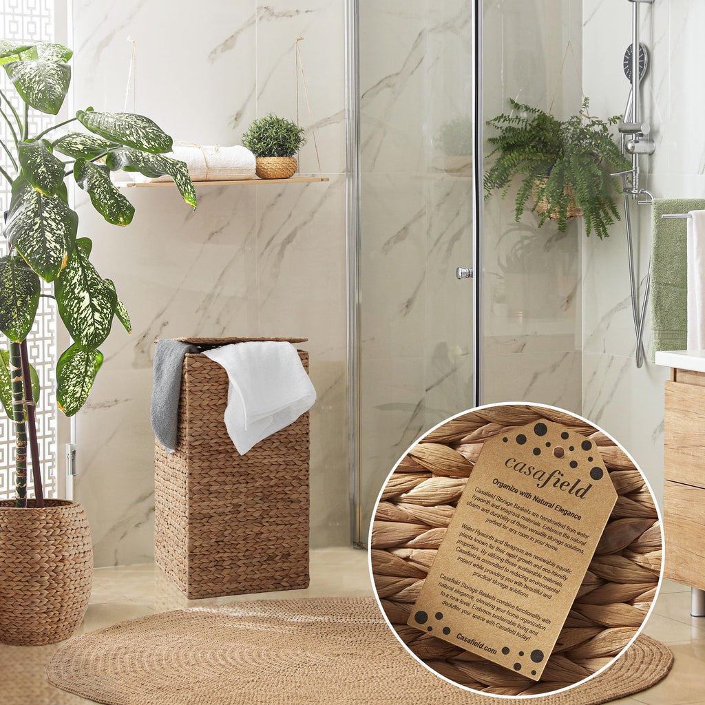 Laundry Hamper with Lid and Removable Liner Bag - Cinnamon, Woven Water Hyacinth Square Laundry Basket Sorter for