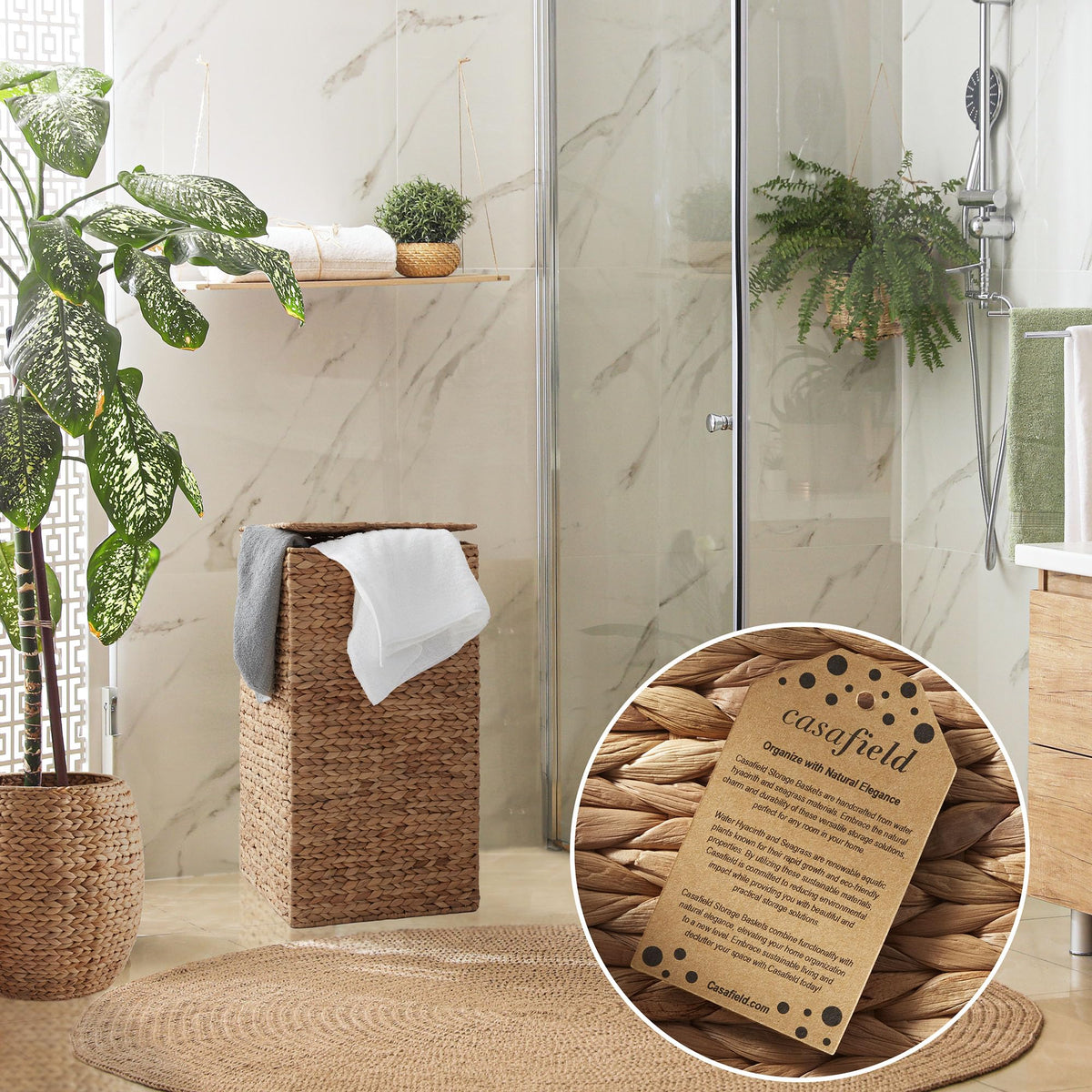 Laundry Hamper with Lid and Removable Liner Bag - Cinnamon, Woven Water Hyacinth Square Laundry Basket Sorter for