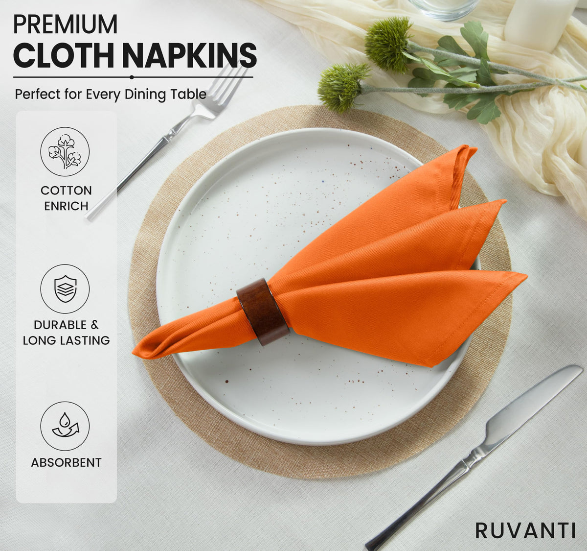 Cloth Napkins Set of 12, Cotton Enrich 18"x18" - Orange/Fall