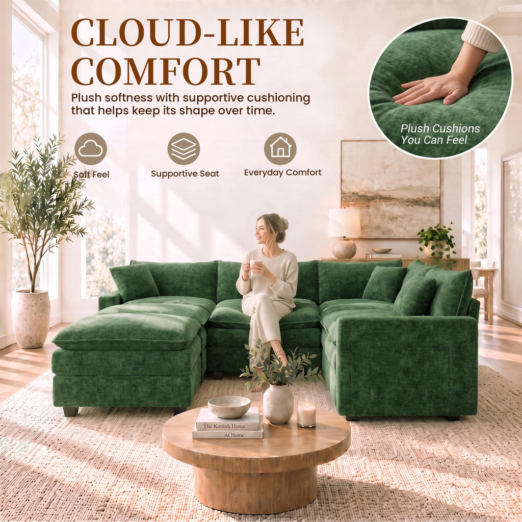 100" Modular Sectional Sofa, L-Shaped Cloud Couch with Ottoman, Green