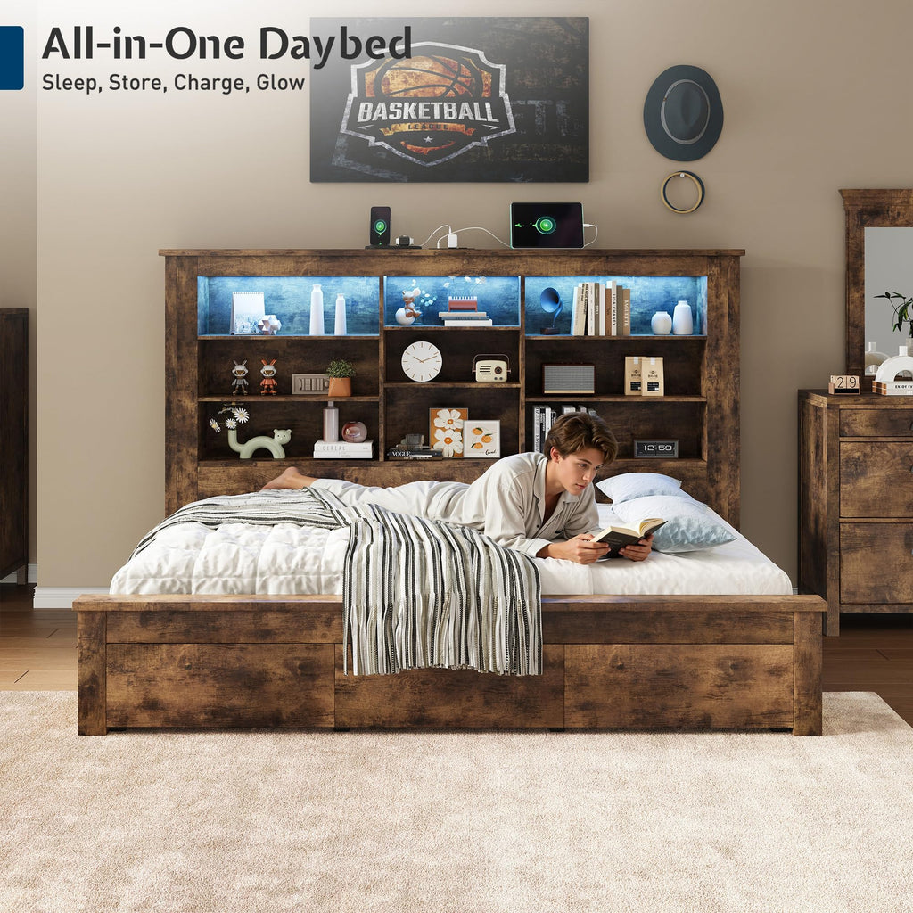 Bed Frame Bookcase Headboard, USB/LED&3 Drawers, Rustic Oak
