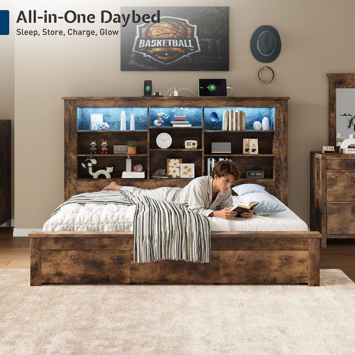 Bed Frame Bookcase Headboard, USB/LED&3 Drawers, Rustic Oak