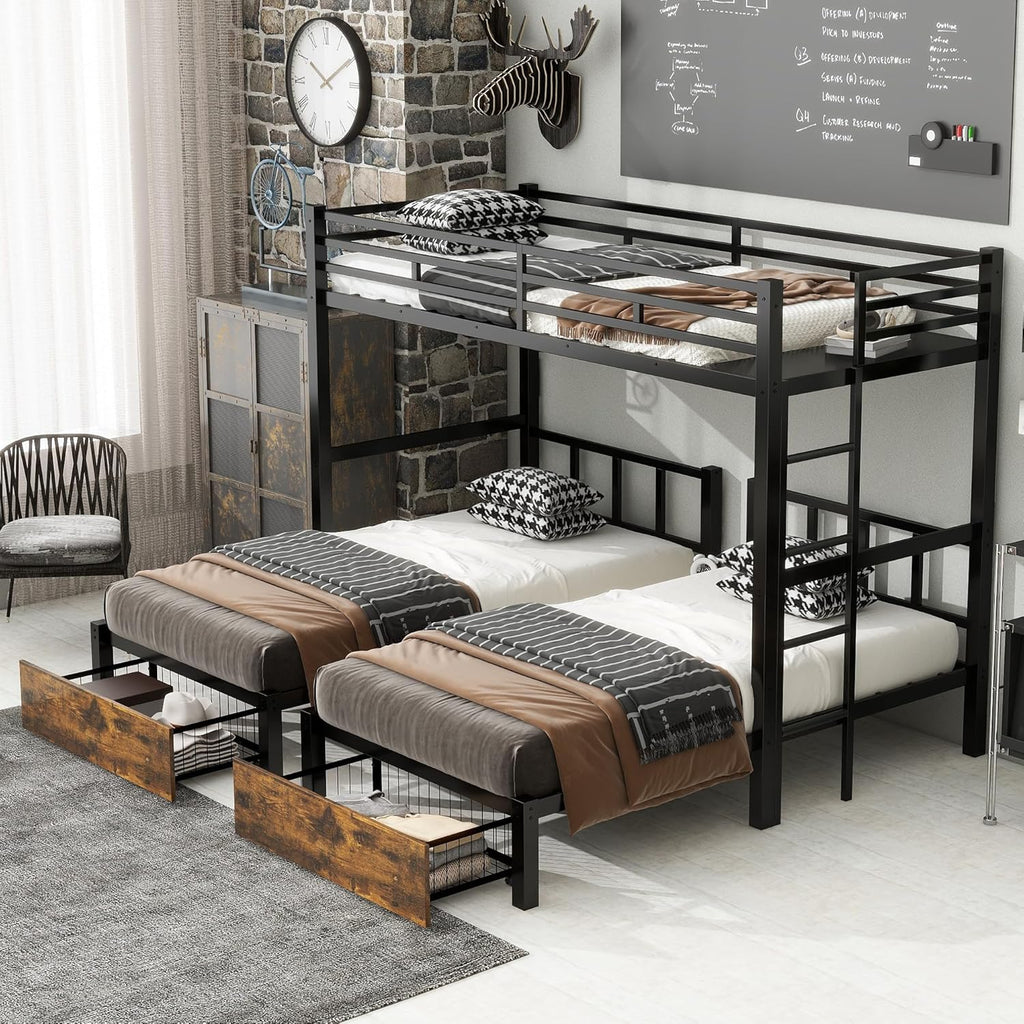 Triple Bunk Bed for Kids,Detachable TwinXL Over Twin Over Twin Metal Bunk Bed with Guardrails,Ladder & Storage,Converts to 3 Separate Beds,Easy to Assemble(3 Bunk Beds for Kids)
