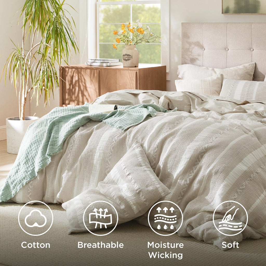 PureWoven Boho Striped Cotton Waffle Duvet Cover Set, Queen, Linen