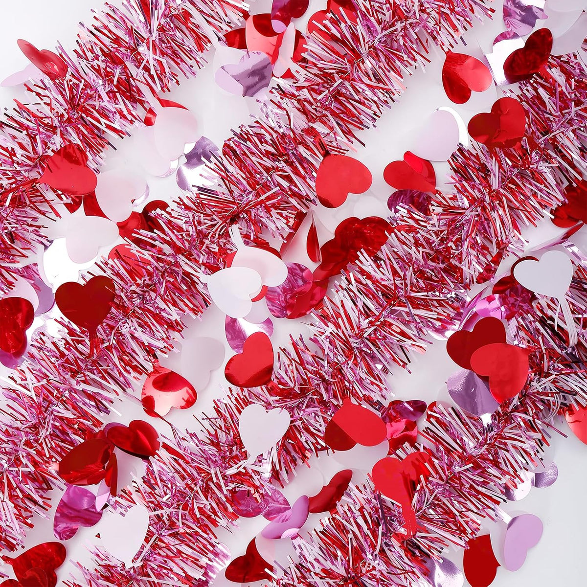 Valentines Garland Decor,50Ft Glitter Tinsel Heart Garland Decorations for Tree Mantle Bedroom Office Classroom Party - Set of 50