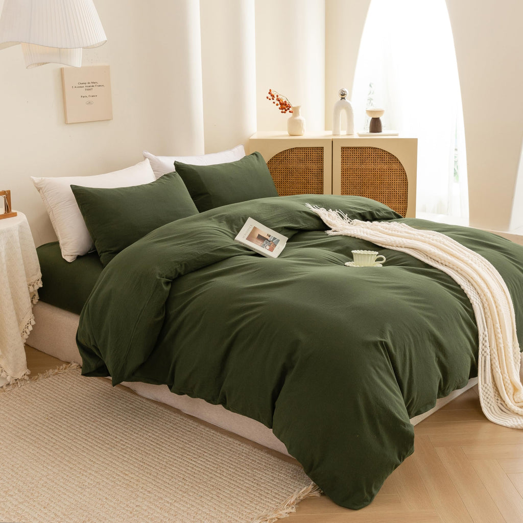Cotton 3 Pcs Duvet Cover Set Linen Feel Avocado Green Queen