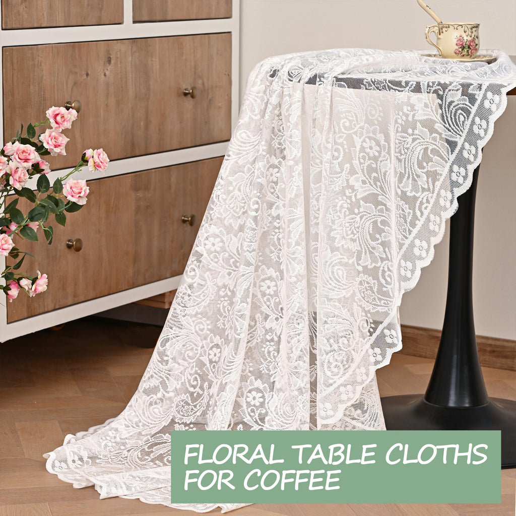Round Lace Tablecloth Floral Design, French Vintage Scalloped Edge Embroidery Table Cloth for Wedding, Dinner