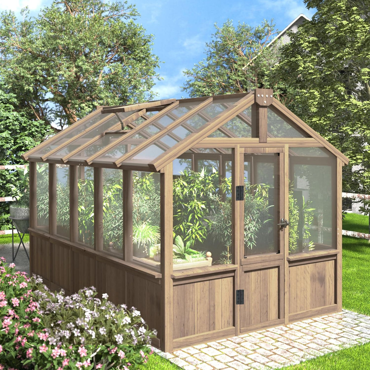 6'x10' Wooden Greenhouse, Heavy Duty Green House Kit with Ventilated Window and Lockable Door, 6mm PC Panels for UV