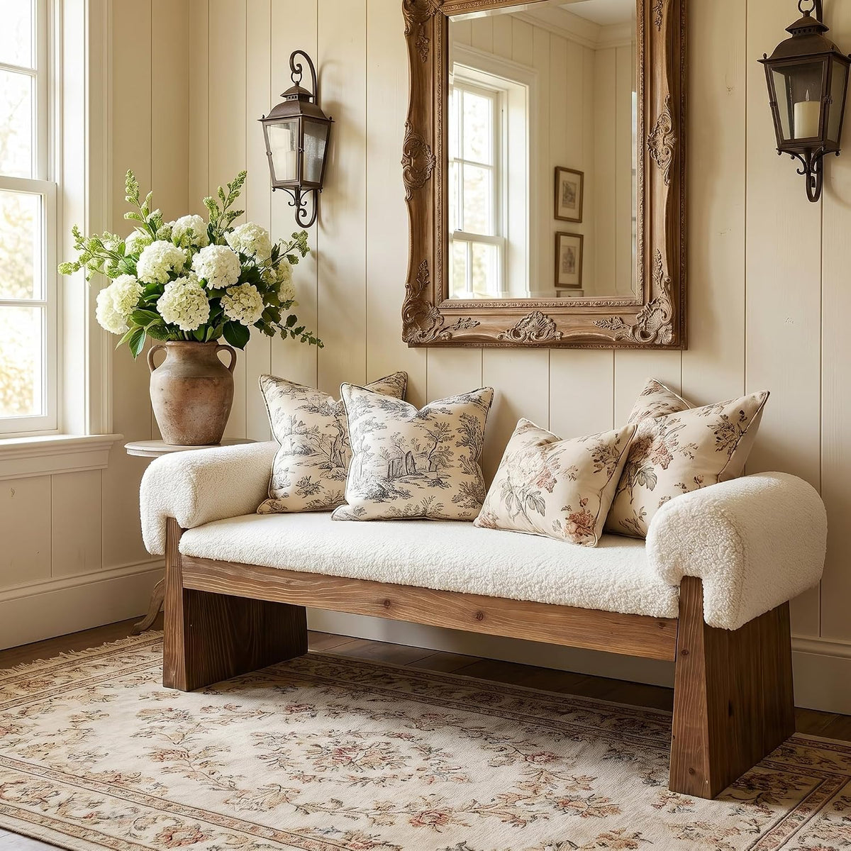 Solid Wood Cushioned Bench, Upholstered Entryway Bench | Bedroom Ottoman Bench for Bed End, Padded Bench, Farmhouse