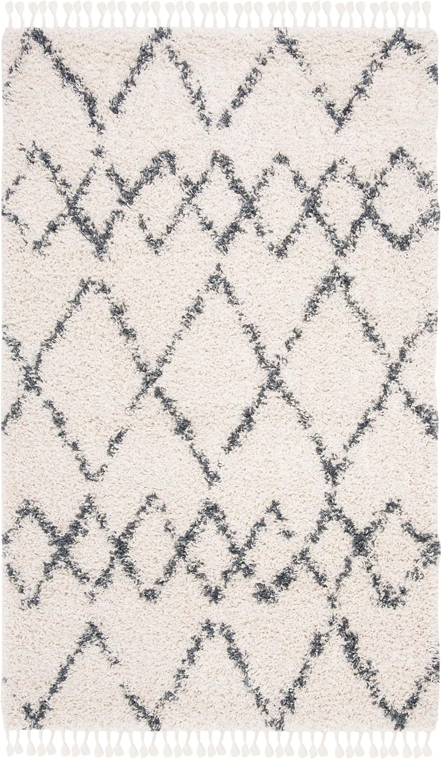 Pro Luxe Shag Collection Area Rug - 5' x 8', Cream & Blue, Moroccan Boho Tassel Design, Non-Shedding & Easy Care