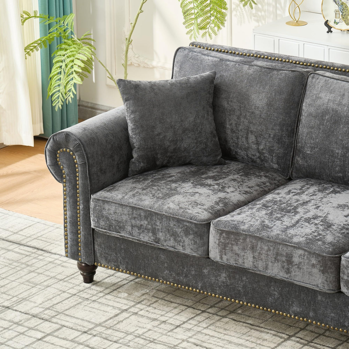 Chesterfield Sofa Set with Rolled Arms, Chenille Fabric 3-Seater and Loveseat Sofa Set with Wood Legs & Nailhead