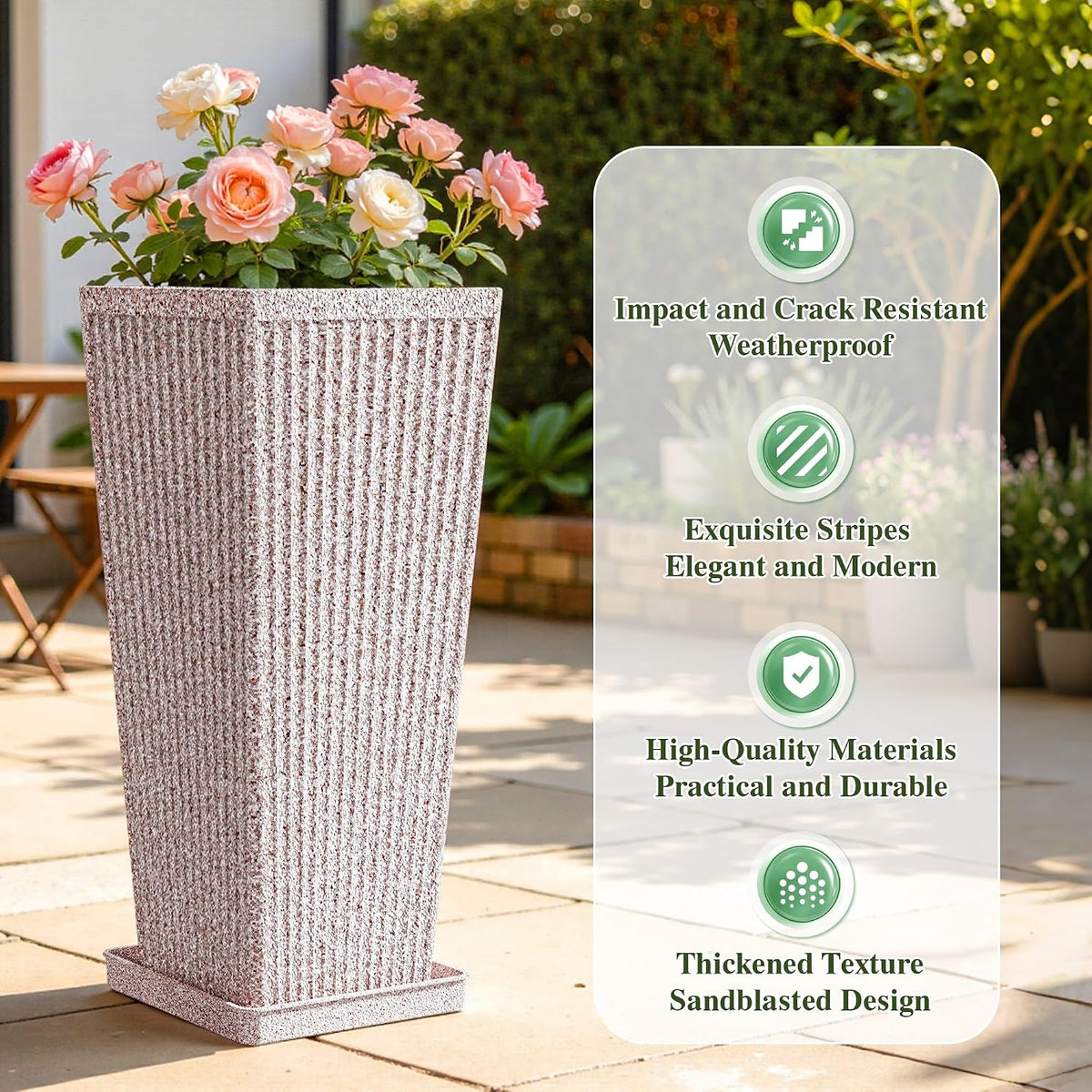 24" Tapered Tall Planters for Outdoor Plants with Tray&Shelf, Red | Resin PP Weather-Resistant Material, Stone&Fluted