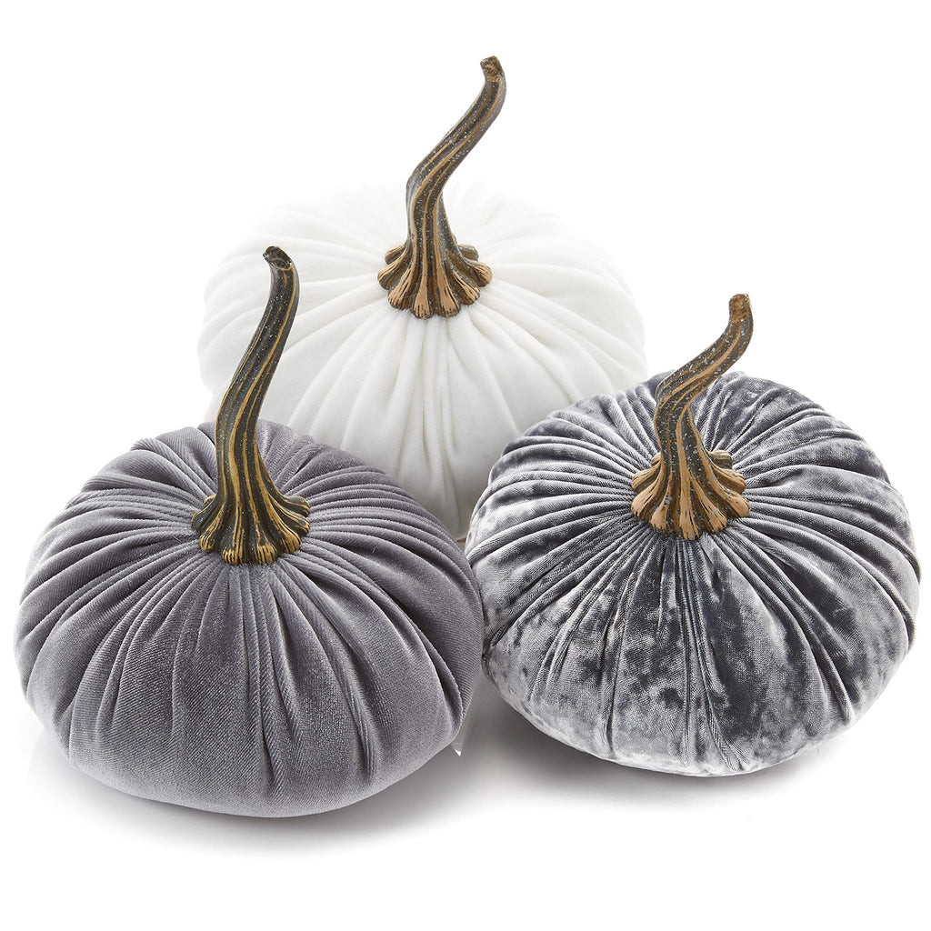 Set of 3 Velvet 6.25 Inch Pumpkins, silver platinumn accent decor, elegant luxe tablescape, tiered tray decor, cozy