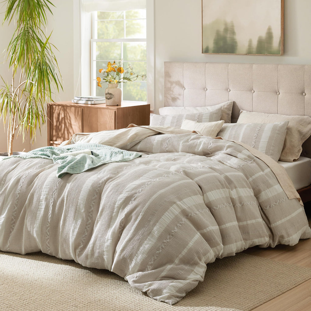 PureWoven Boho Striped Cotton Waffle Duvet Cover Set, Queen, Linen