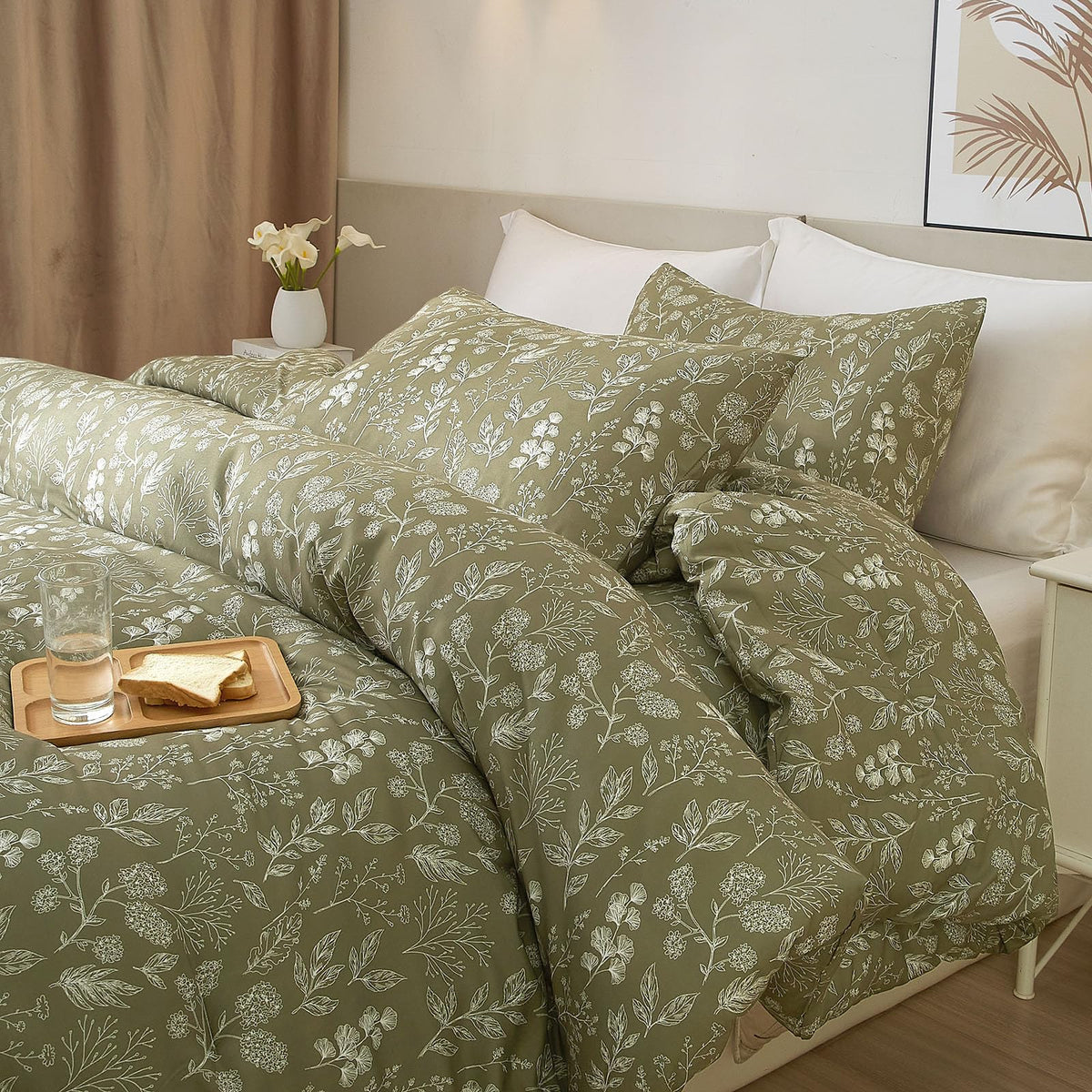 Fresh Garden Green Floral Duvet Cover King Soft Cotton Chic Shabby Small Cute Floral Botanical Bedding Set with 2
