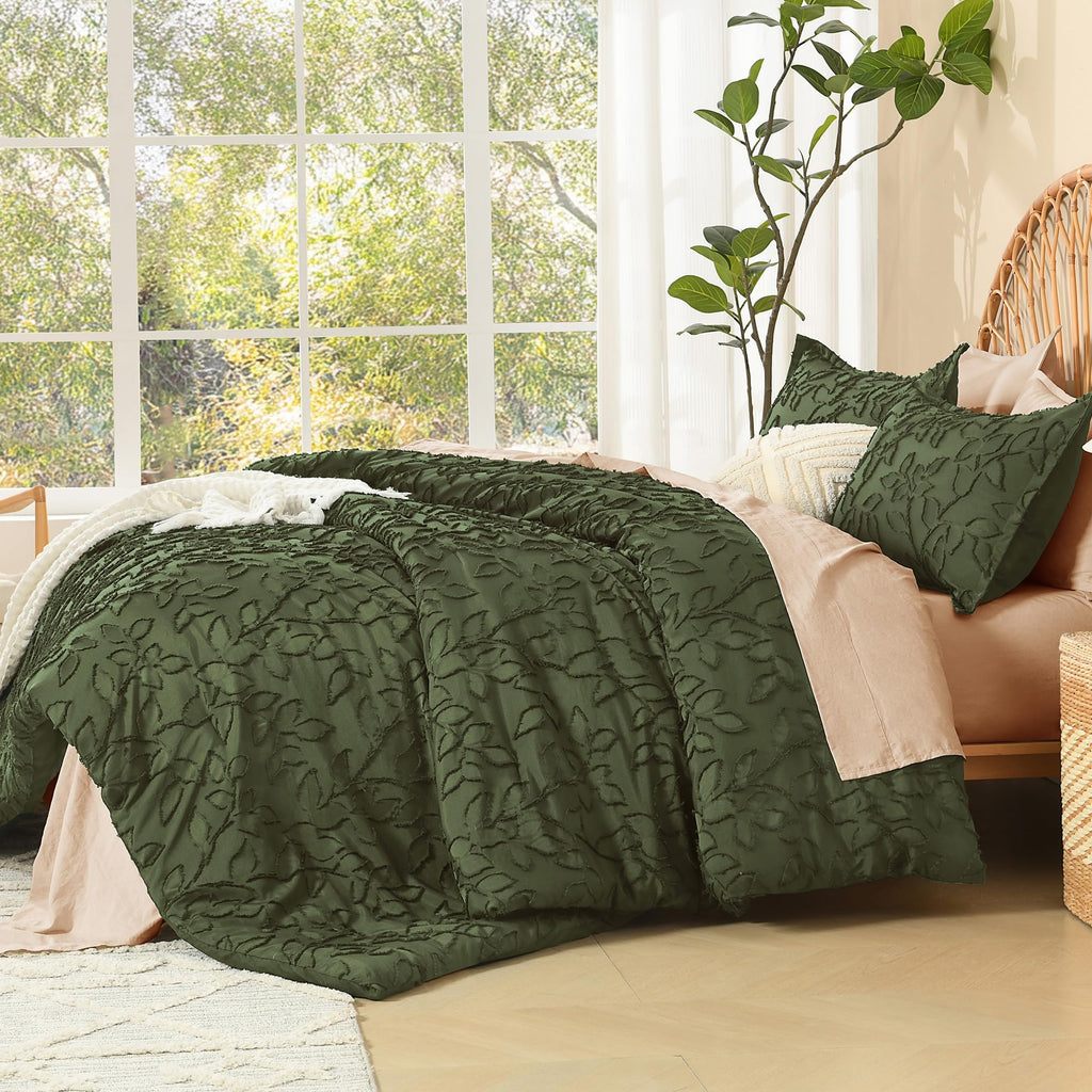 King Comforter Set, 3PCS Olive Green Boho Tufted Bedding