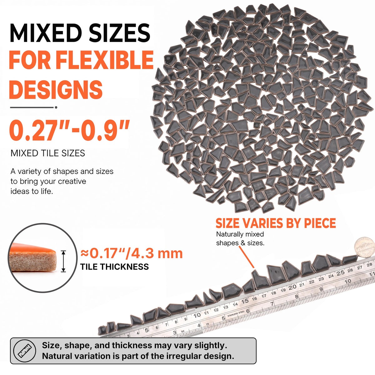 1.5LB Irregular Ceramic Mosaic Tiles, Slate Gray