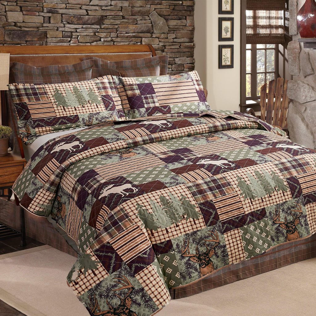 3-Piece Moose Pine Tree Reversible Quilt Set, Checked Color Stripe Rustic Home Lodge The Wilds Quilted Bedspread