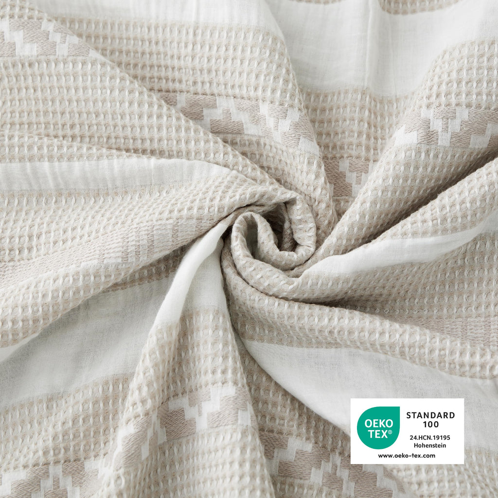 PureWoven Boho Striped Cotton Waffle Duvet Cover Set, Queen, Linen