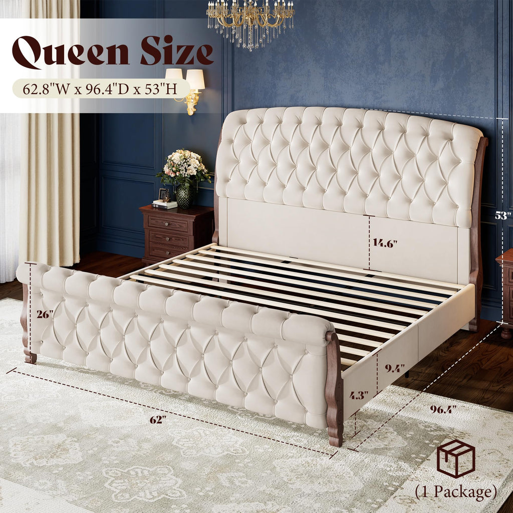 Sleigh Bed Frame, Upholstered Tufted Headboard, Cream