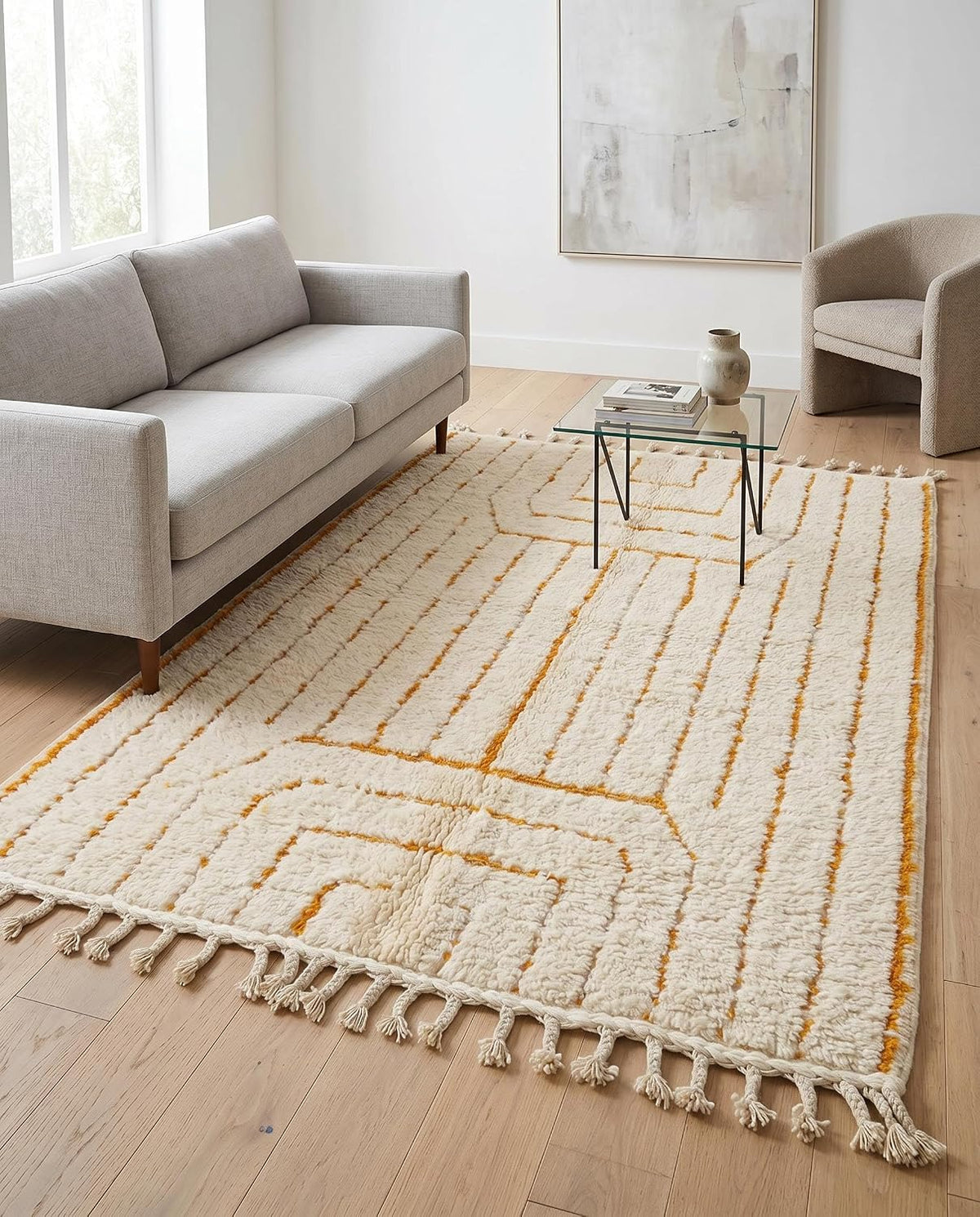 Beni Ourain Moroccan Rug, Cream Saffron Geometric Design (4x4 ft)