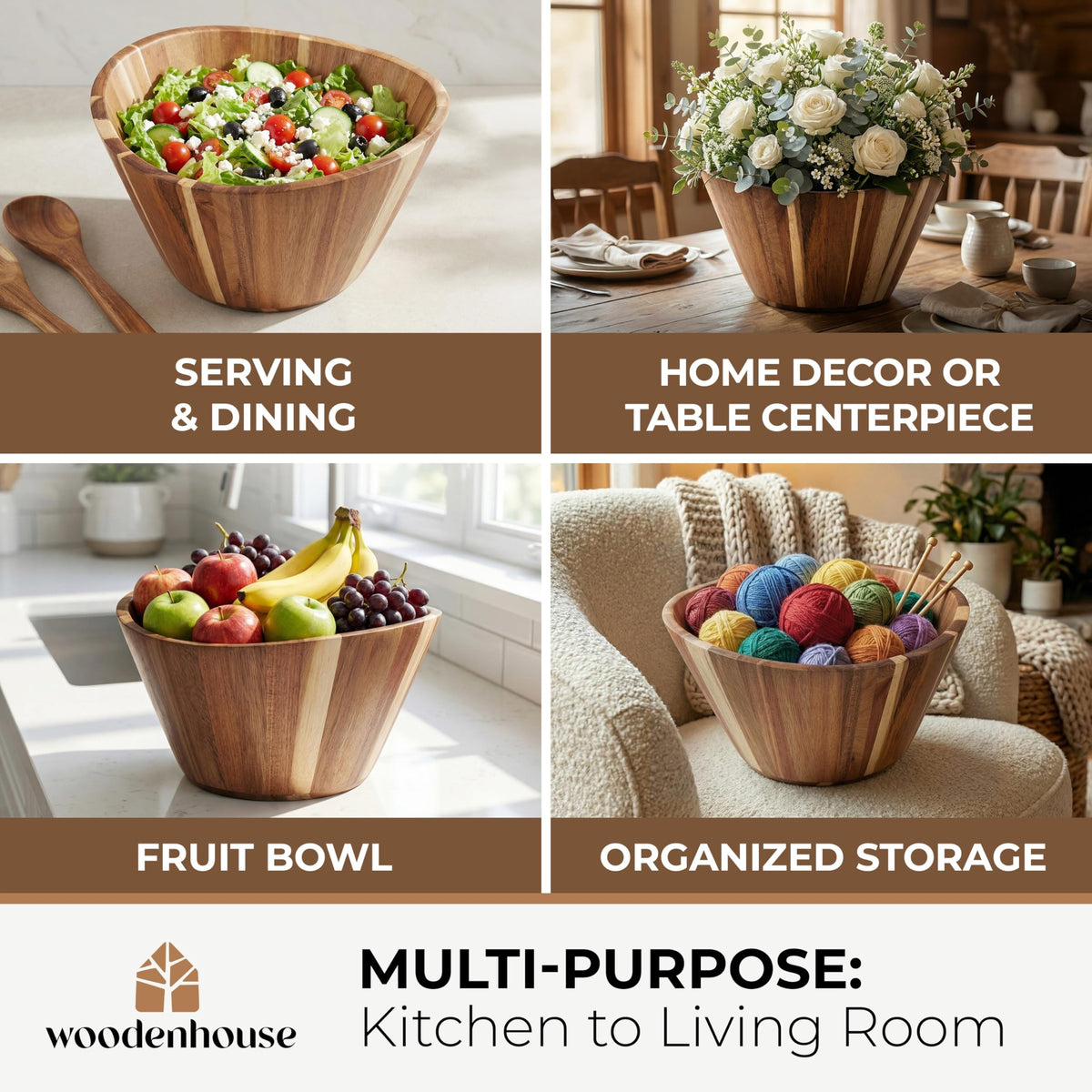 Extra Large Wooden Salad Bowl, Acacia 12" Multi-Purpose Serving Fruit Bowl