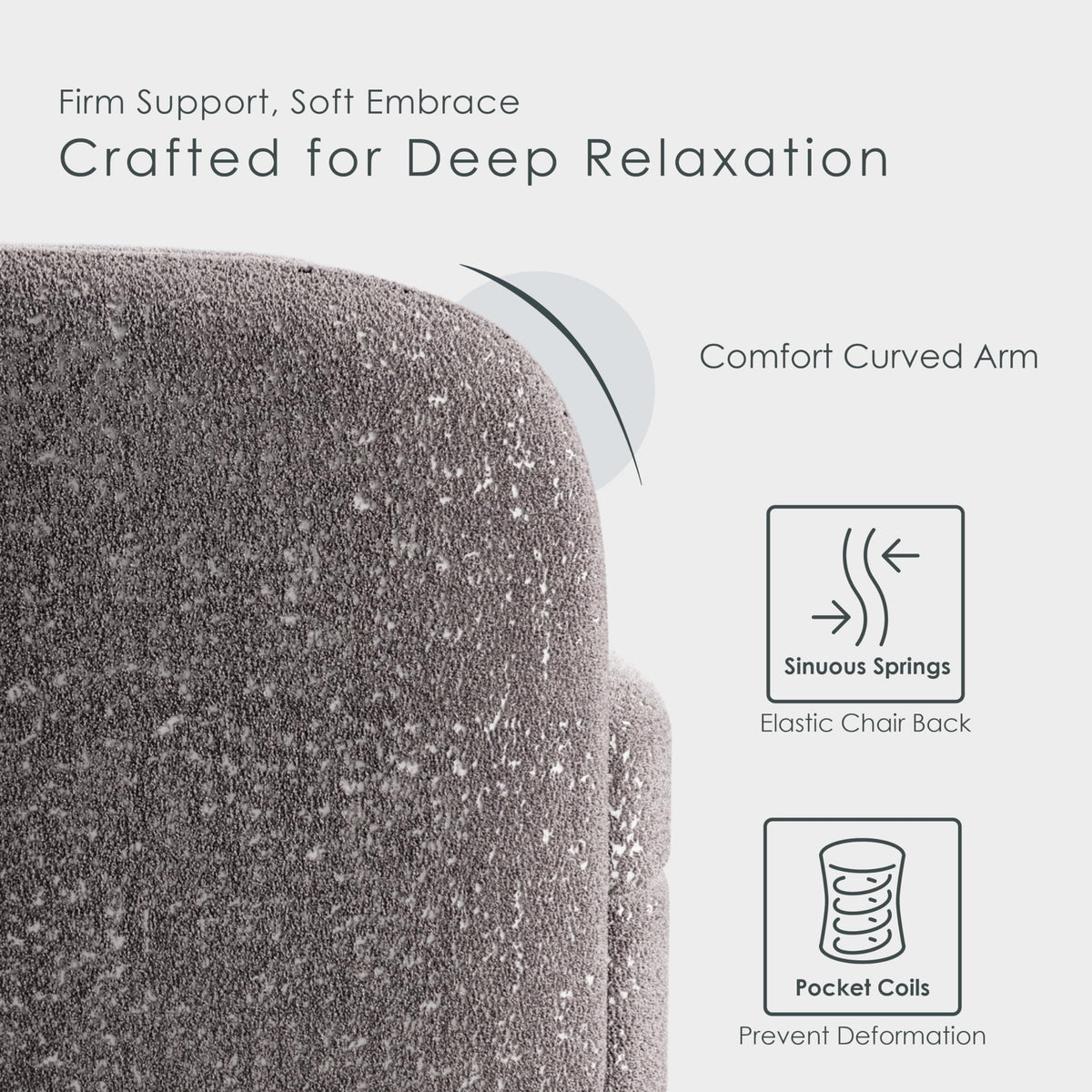 Nimiane Modern Boucle Sofa Couch with Curved Arms and Wooden Legs, Comfy Fabric Upholstered 3 Seater Couch, Charcoal