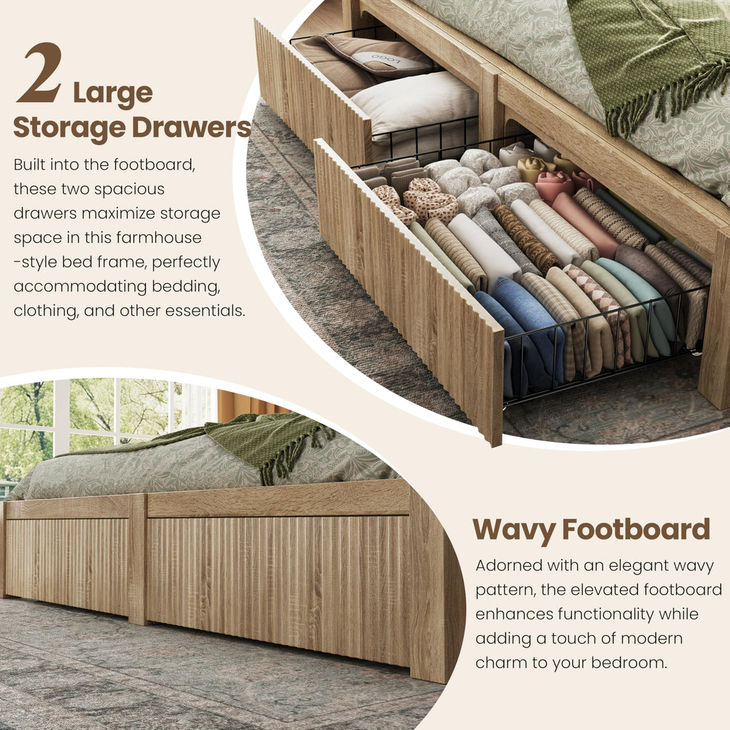 Queen Size Bed Frame with Headboard & 2 Storage Drawers, Wood