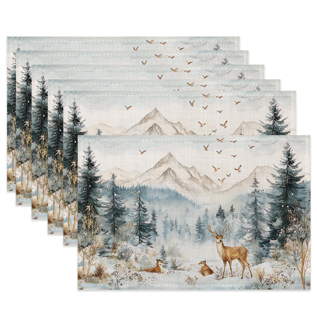 Winter Forest Fabric Placemats,Cute Deer Snow Mountain Table Placemats Set of 6 Cloth Place Mats, Washable