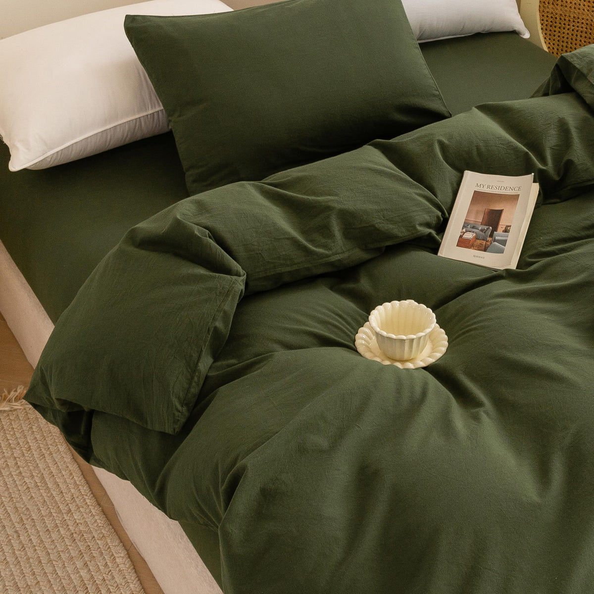 Cotton 3 Pcs Duvet Cover Set Linen Feel Avocado Green Queen