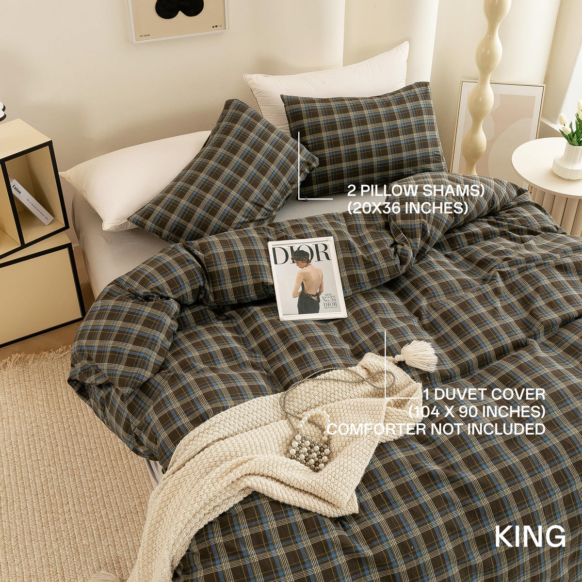 Cotton 3 Pcs Duvet Cover Set Linen Feel Brown & Blue Plaid King