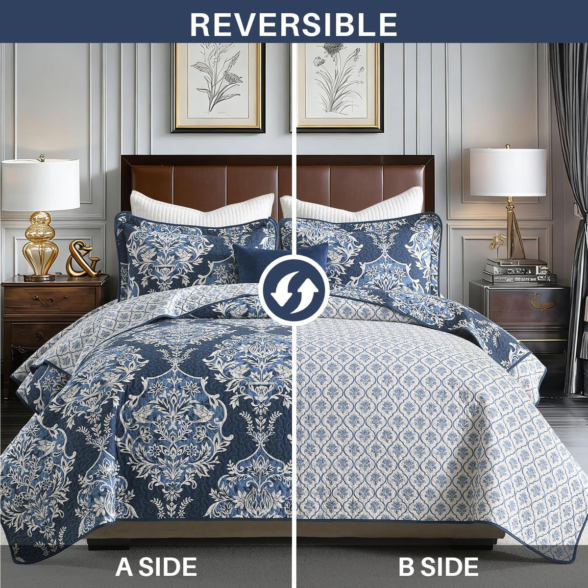 Quilts, Vintage Damask Floral Quilt Set, Navy/Beige