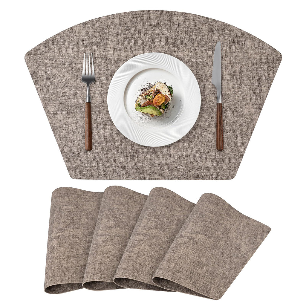Round Table Placemats Set of 4, Faux Leather Wedge Place Mats, Camel