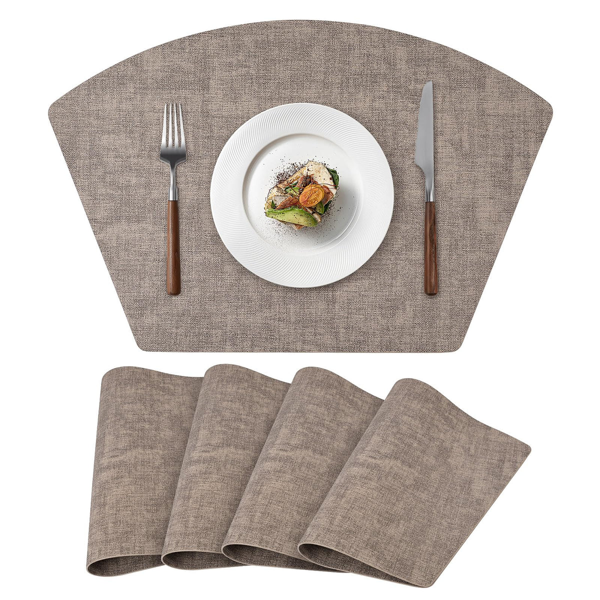 Round Table Placemats Set of 4, Faux Leather Wedge Place Mats, Camel