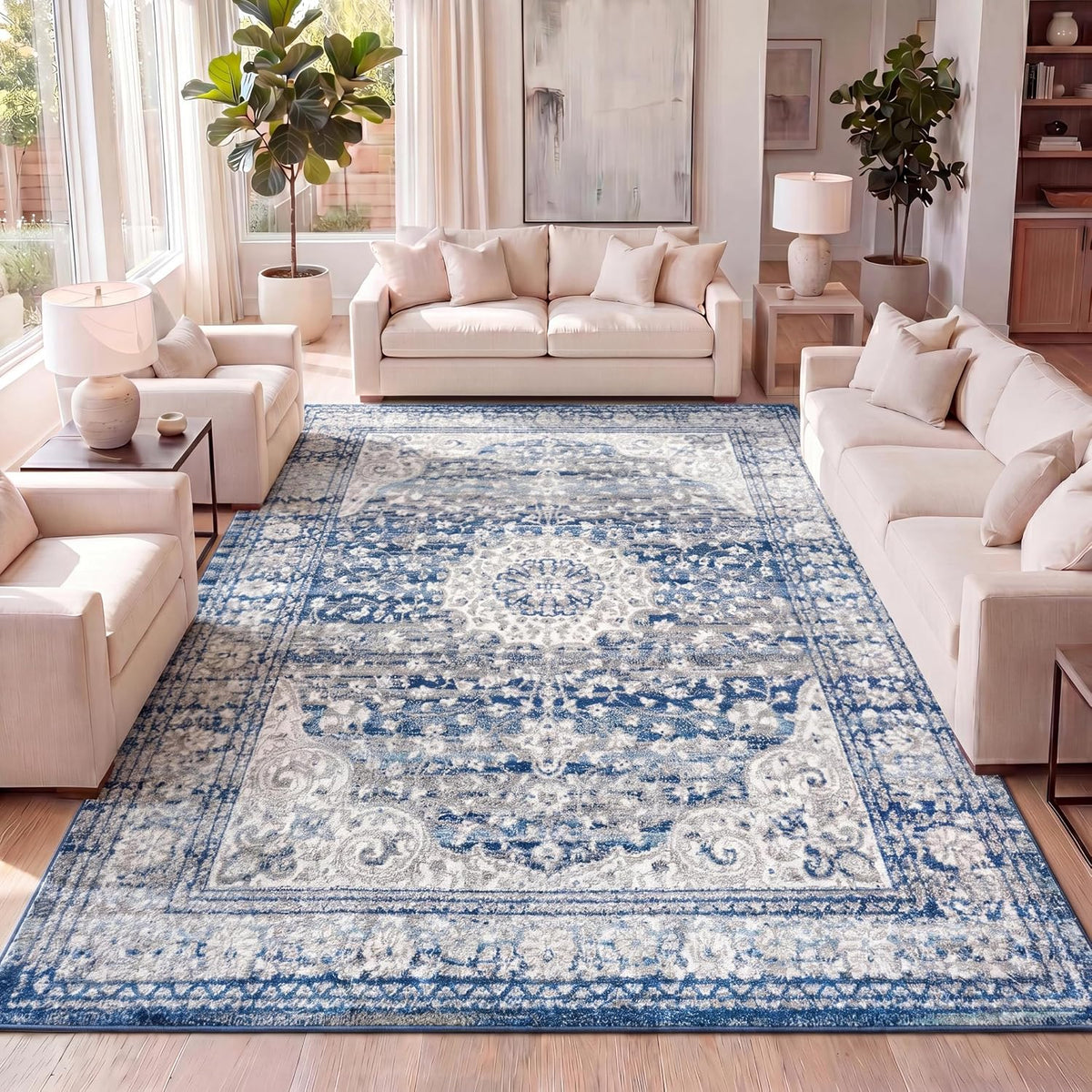 Scala Ornate Vintage Blue/Dark Gray Indoor Area Rug, Medallion, Bohemian, Easy-Cleaning, Pet Friendly