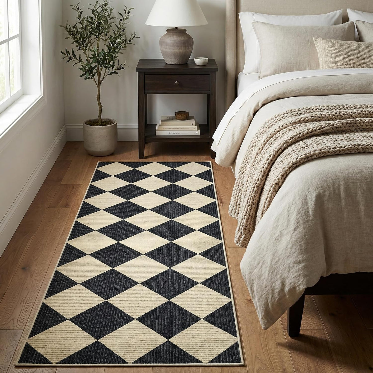 Checkered Diamond Runner Rug 2x6, Washable Non-Slip, Black & Beige