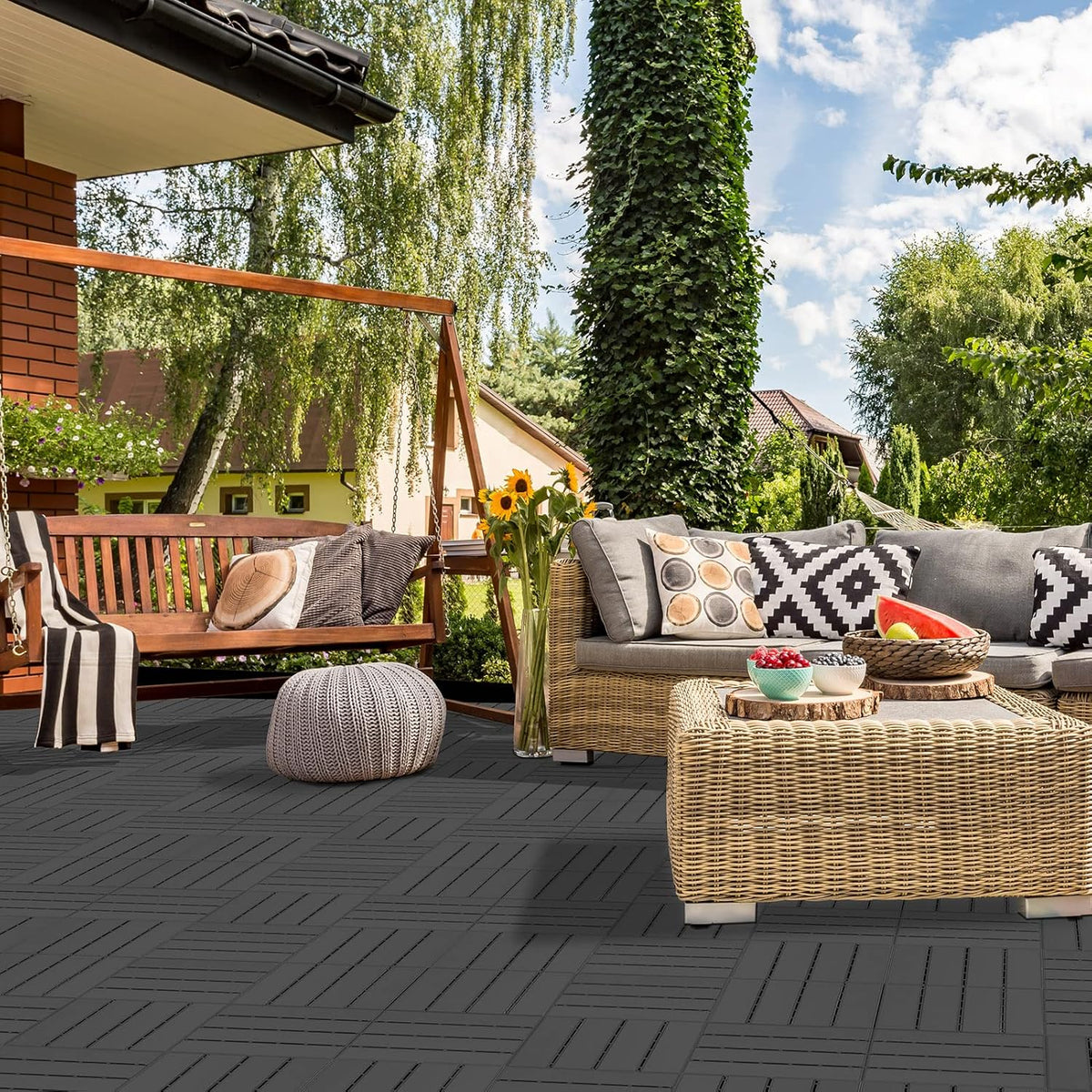 Plastic Interlocking Deck Tiles, 9 Pack , 12"x12" Waterproof Outdoor Flooring All Weather Use, Patio Floor Decking