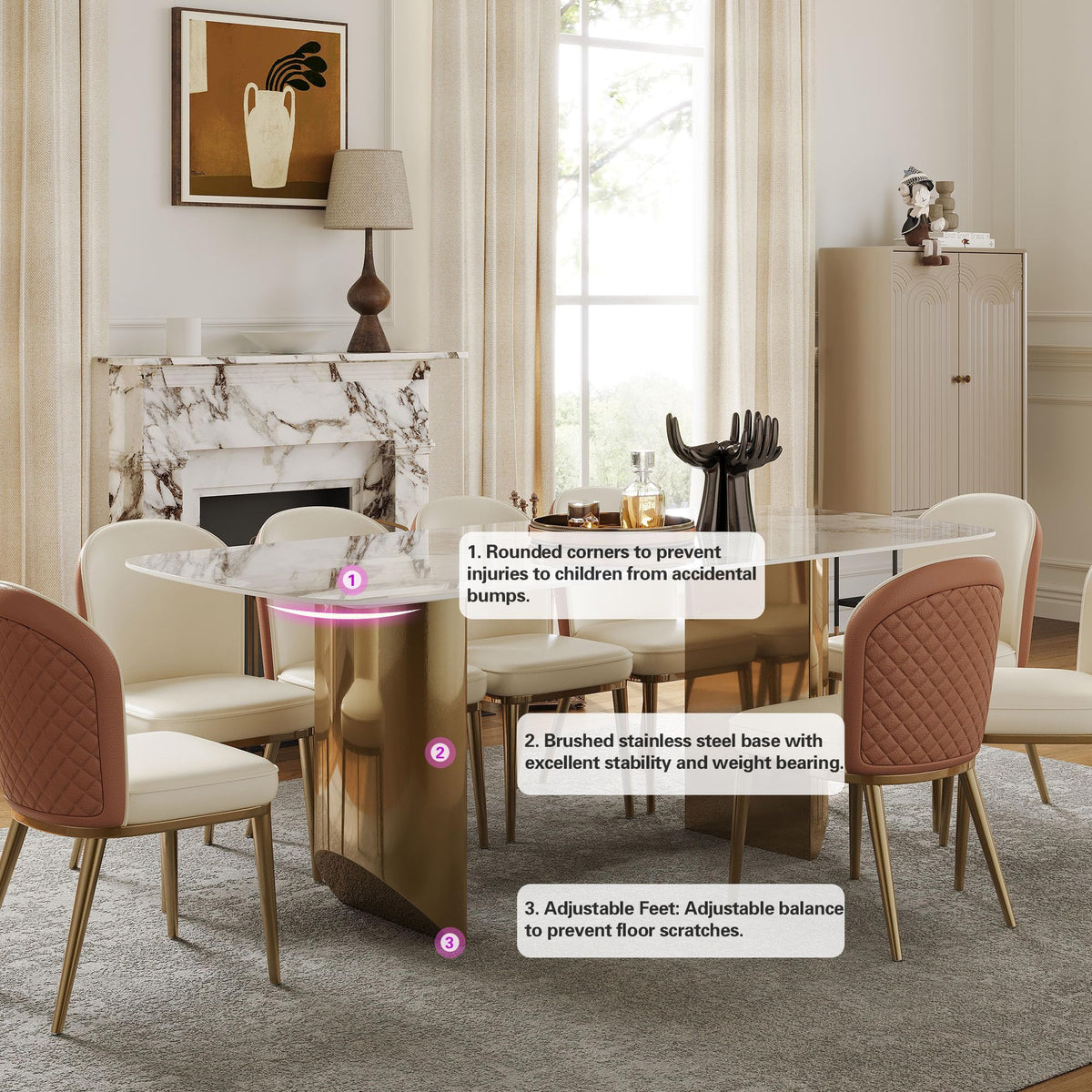 Rectangular Dining Table for 8-10 People, 79 inch Luxury Kitchen Table with Sintered Stone Tabletop and Gold Metal
