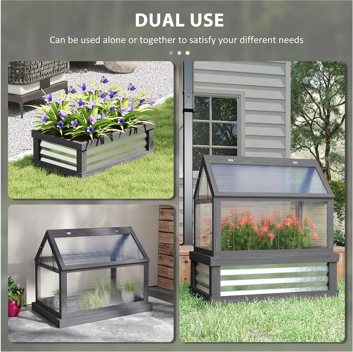 Raised Garden Bed with Greenhouse, Wooden Cold Frame Planter Kit, 35.5"x22.5"x38.25", Gray - Outdoor Plant Protector