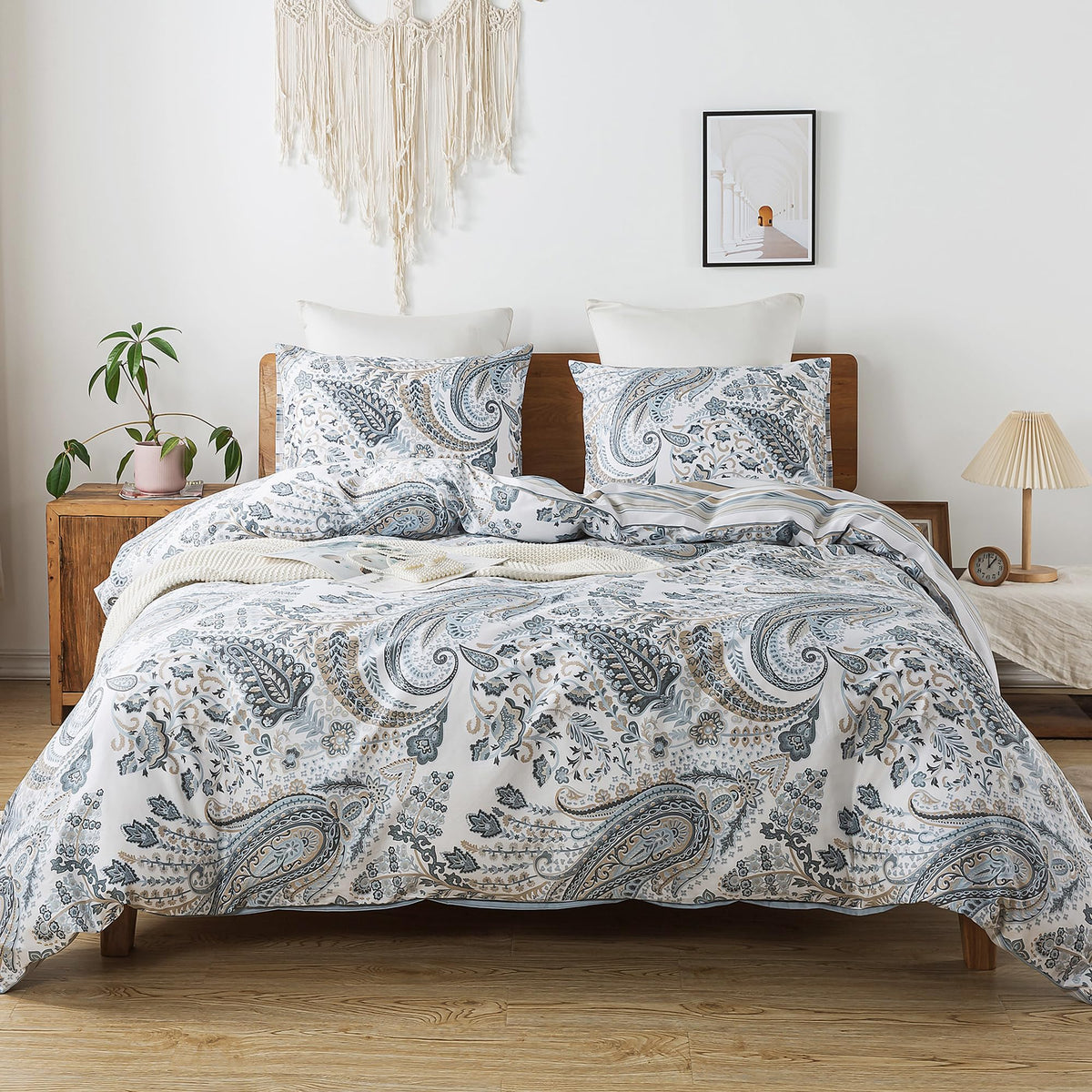 Cotton Duvet Cover Queen - 3pcs Paisley Comforter Cover, Soft & Breathable Floral Bedding Duvet Cover Sets with