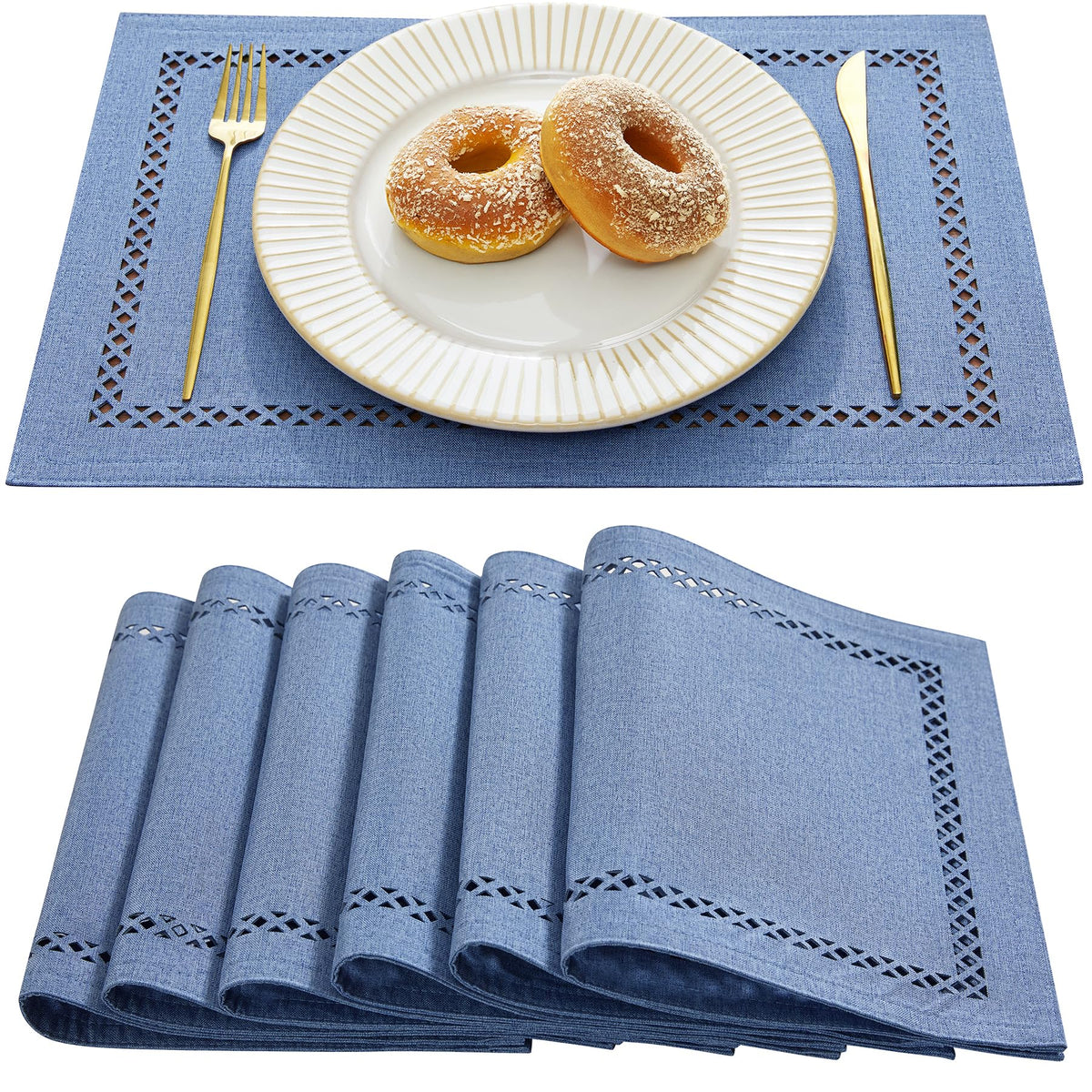 Farmhouse Burlap Place Mats, Blue Placemats Set of 6, 12 x 18 Inch