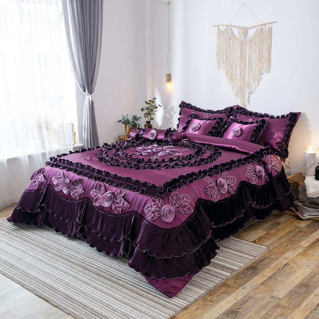 Satin Purple Floral Ruffle Victorian Glam Midnight Bloom 6 Piece Comforter Set, California King