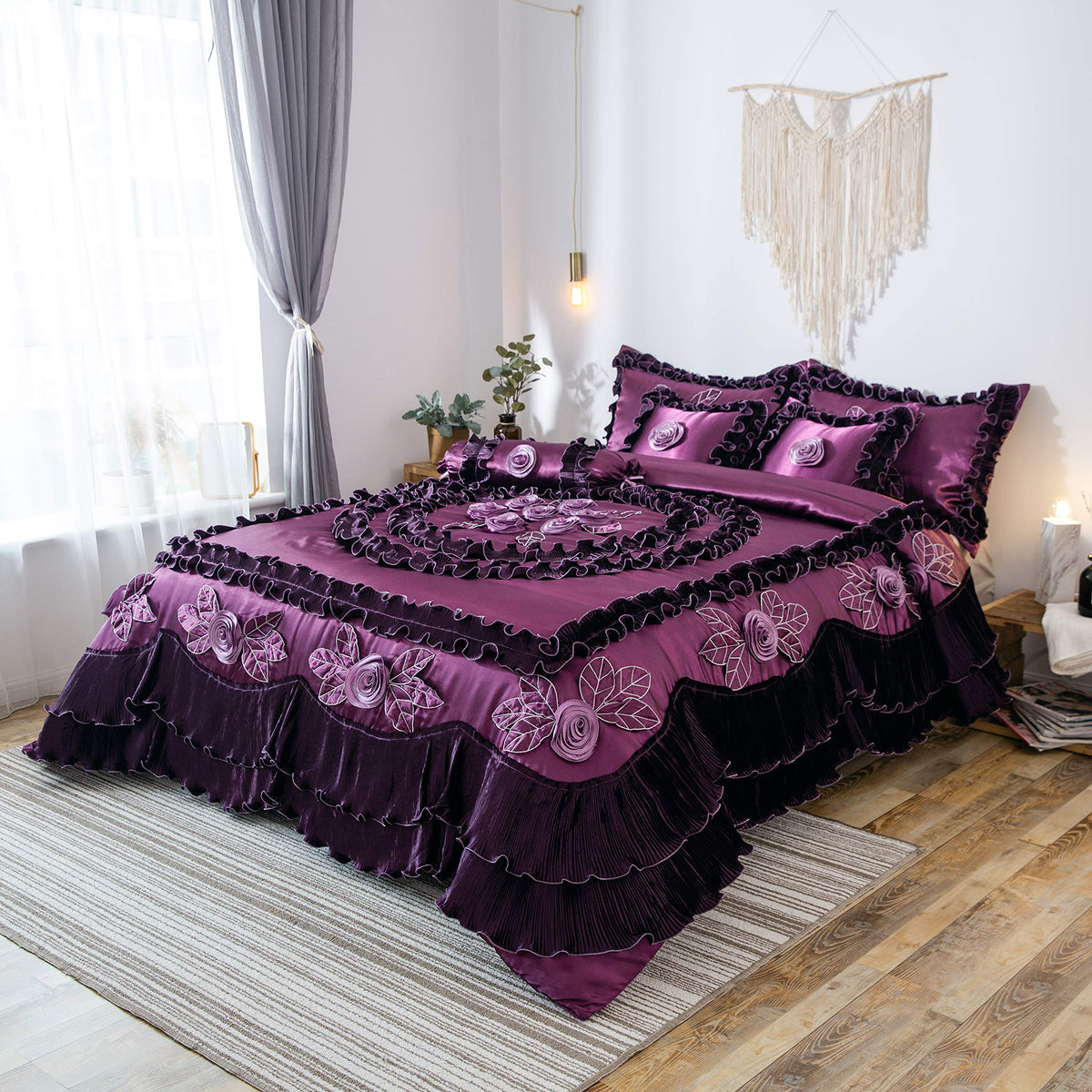 Satin Purple Floral Ruffle Victorian Glam Midnight Bloom 6 Piece Comforter Set, California King