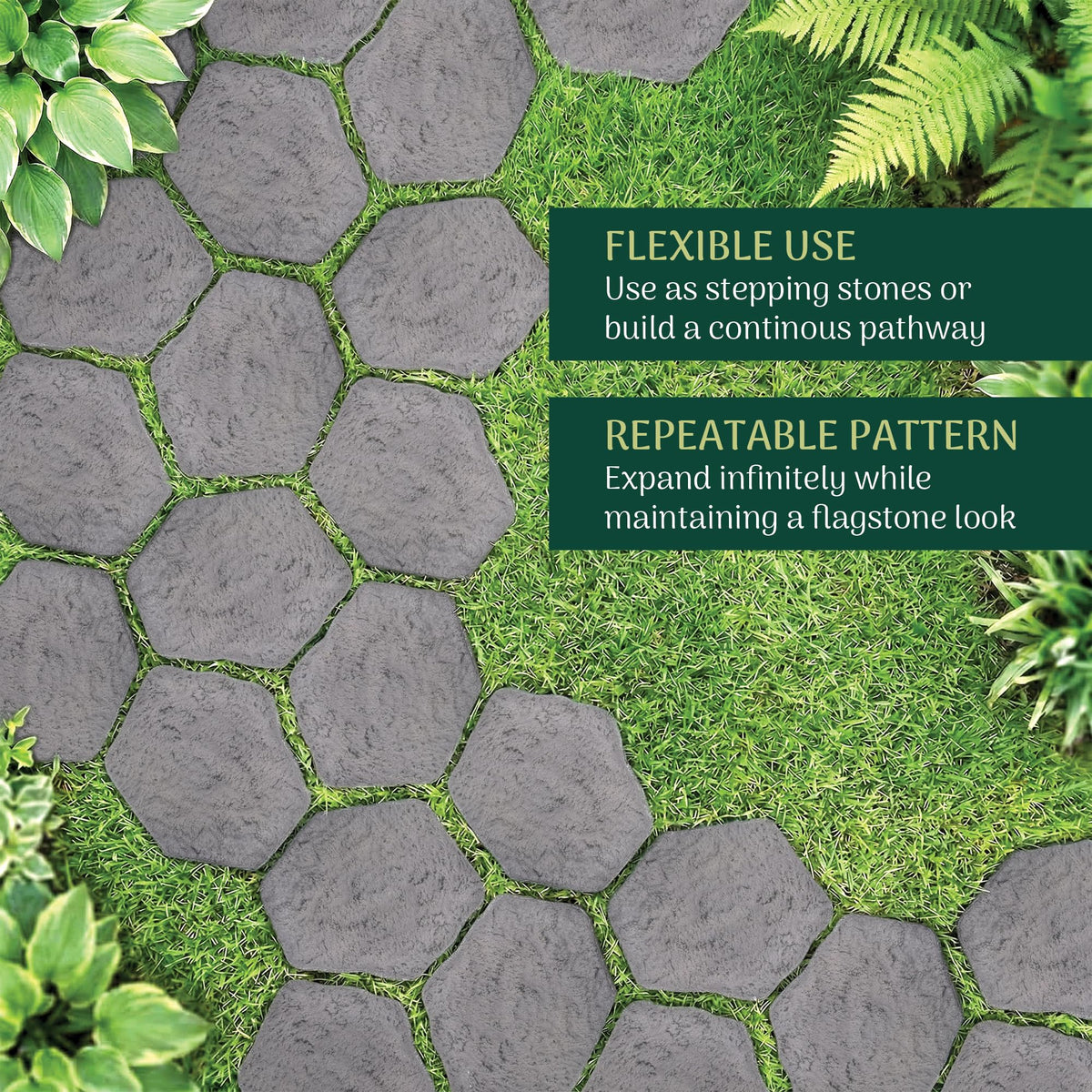 Set of 4, 16x17" Dark Gray Stepping Stone Fiberclay Pavers, Outdoor Garden Natural Repeatable Pattern Pathway, Faux