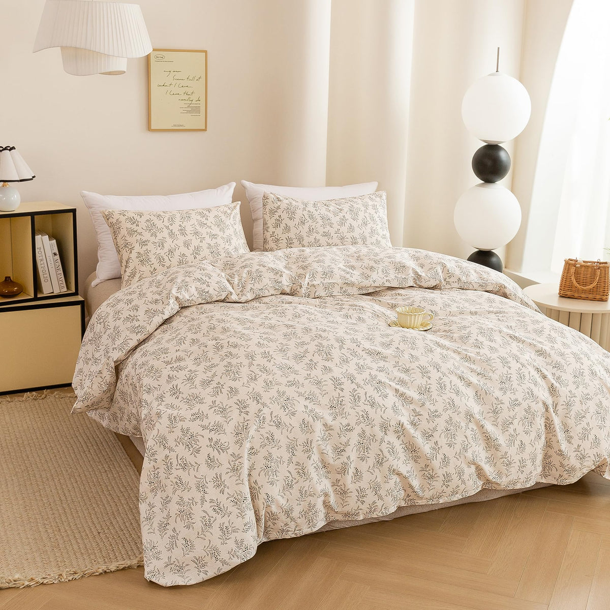 Floral Botanical Duvet Cover, Soft Breathable Bedding Set with 2 Pillowcases, Farmhouse Vintage Flower