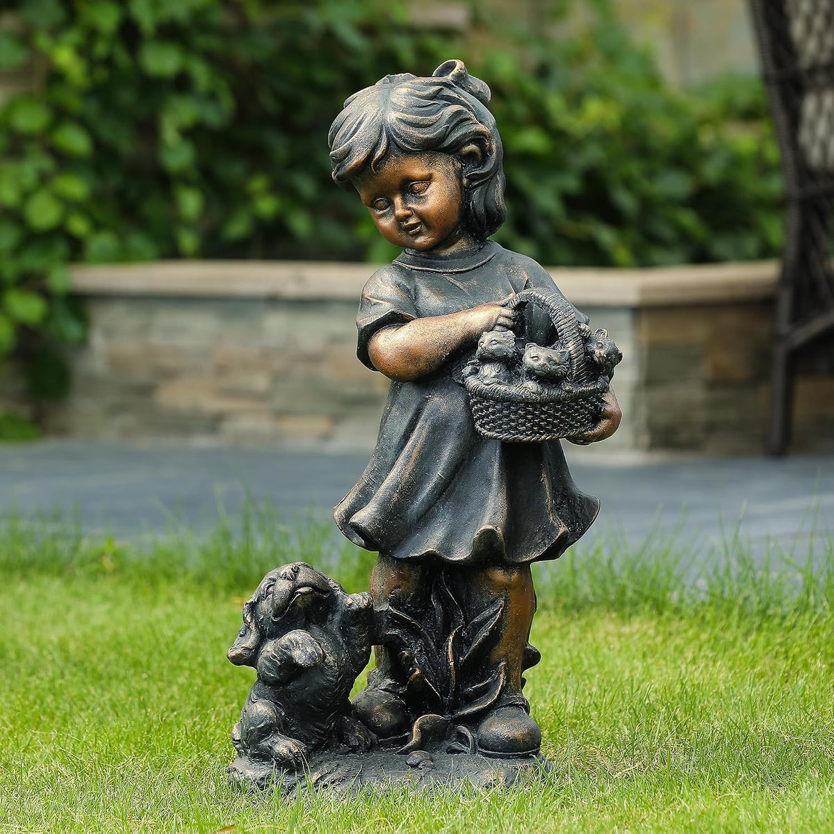 LuxenHome Garden Decor Statue,23" Fiber Stone Girl and Puppy Outdoor Statue | Bronze Garden Sculpture, Outdoor Art
